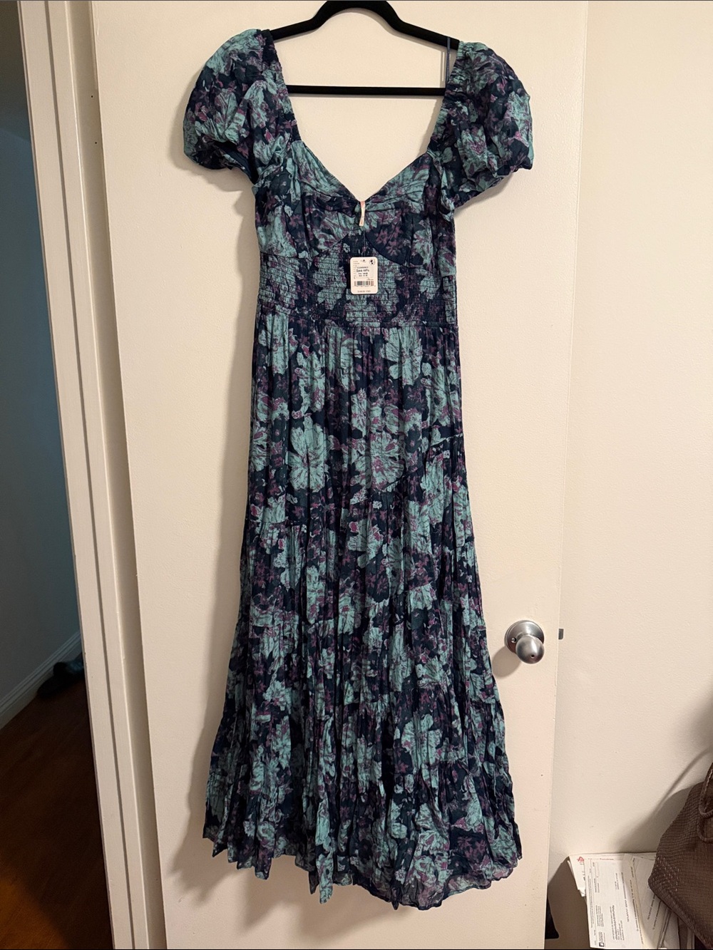 Free People Floral Puff-Sleeve Maxi Dress in Teal and Navy